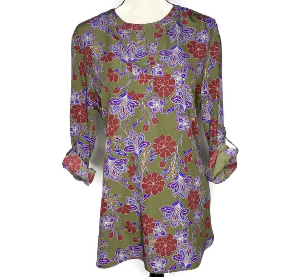 Joe Fresh Women's Large Pullover Top Adjustable 3/4 Sleeves Green Red Blue